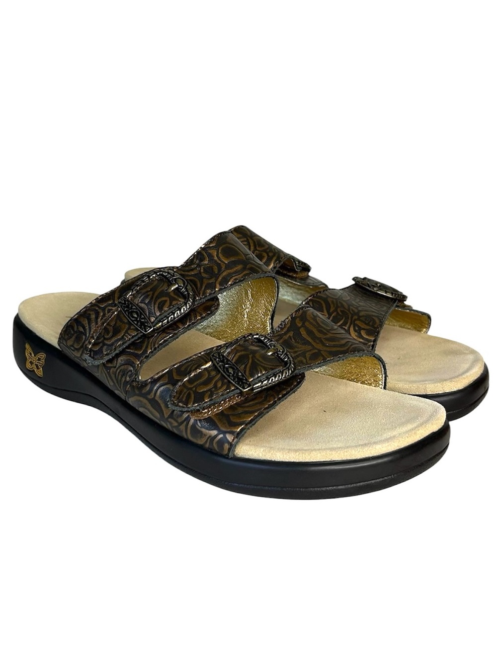 ALEGRIA PG Lite Women Sz 42 Jade Brown Embossed Leather Adjustable Slide Sandals